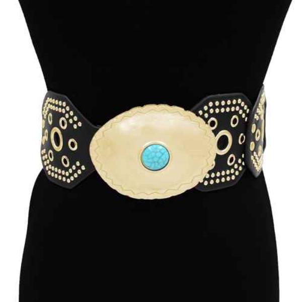 FAUX LEATHER STUDDED GROMMET CONCHO ELASTIC BELT