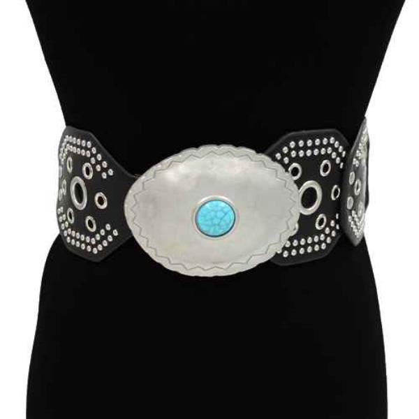 FAUX LEATHER STUDDED GROMMET CONCHO ELASTIC BELT
