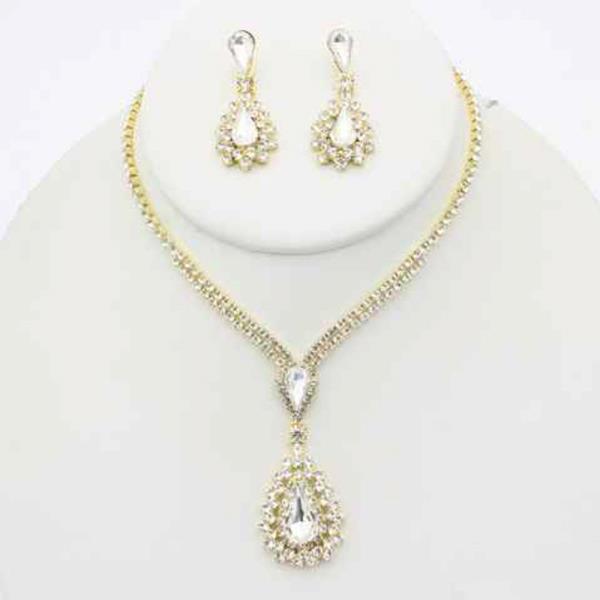 RHINESTONE TEARDROP PENDANT NECKLACE EARRING SET