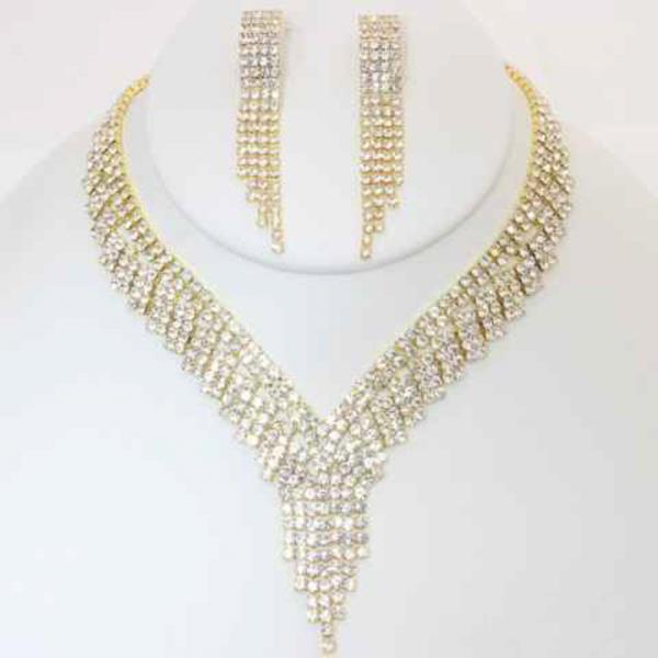 RHINESTONE FRINGE COLLAR NECKLACE EARRING SET
