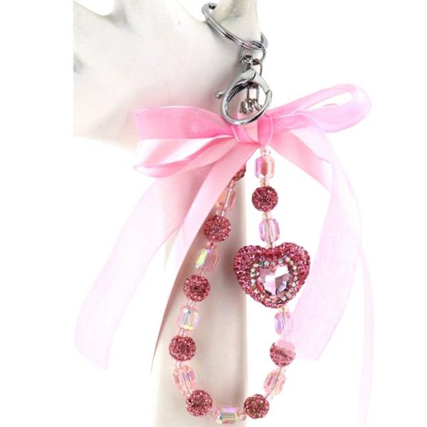 STONE HEART BEAD RIBBON BAG CHARM KEYCHAIN