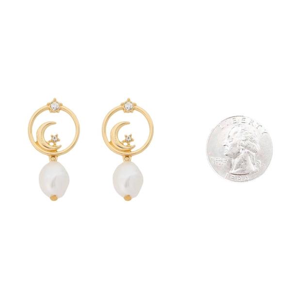 METAL MOON STAR PEARL DROP EARRING