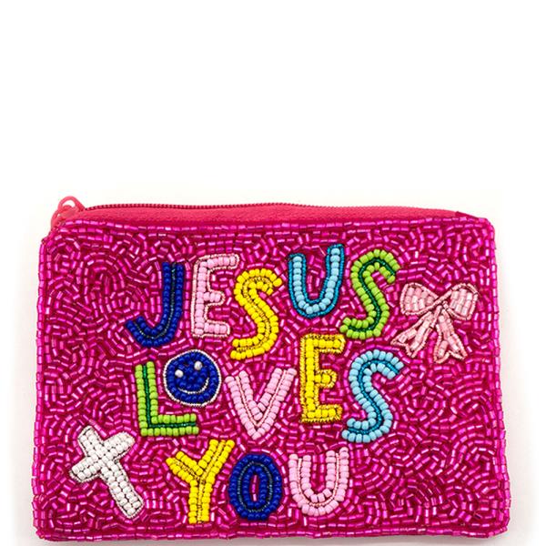 SEED BEAD JESUS LOVES YOU COIN BAG