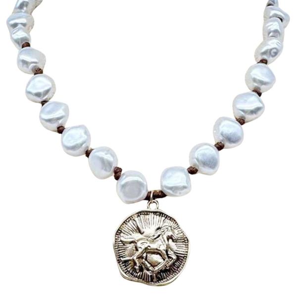 PEARL LINE METAL COIN PENDANT NECKLACE