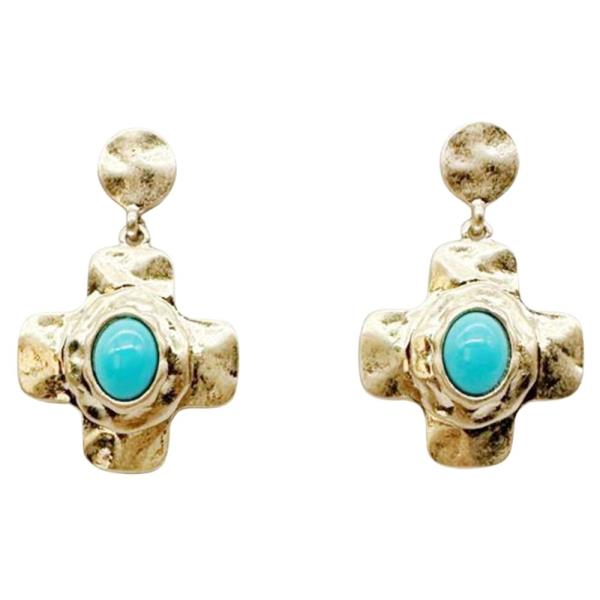 METAL PEARL CROSS DROP EARRING