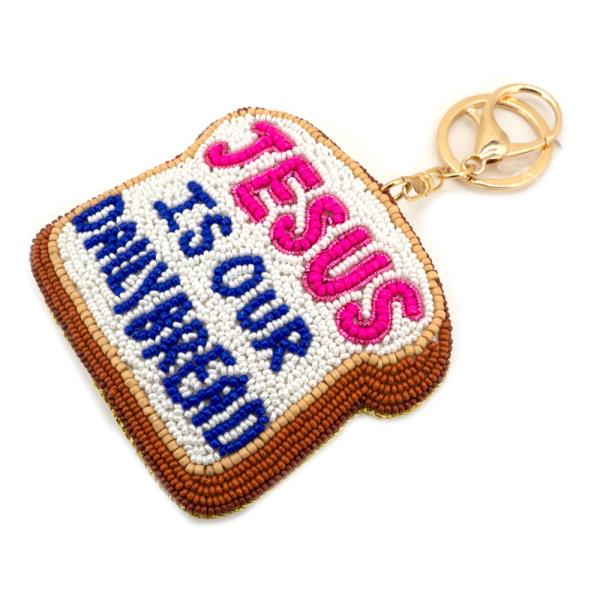 SEED BEAD JESUS IS OUR DAILY BREAD APPLE BAG CHARM KEYCHAIN