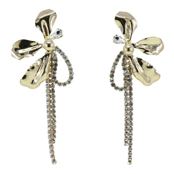 METAL FLOWER RHINESTONE CHAIN DROP STATEMENT EARRING
