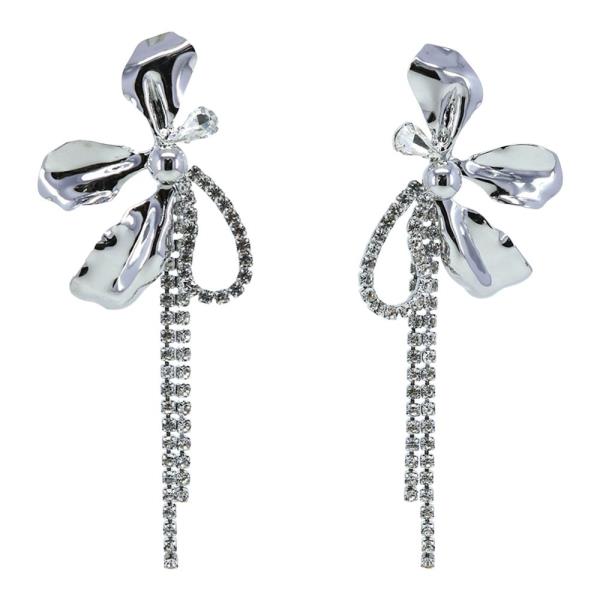 METAL FLOWER RHINESTONE CHAIN DROP STATEMENT EARRING
