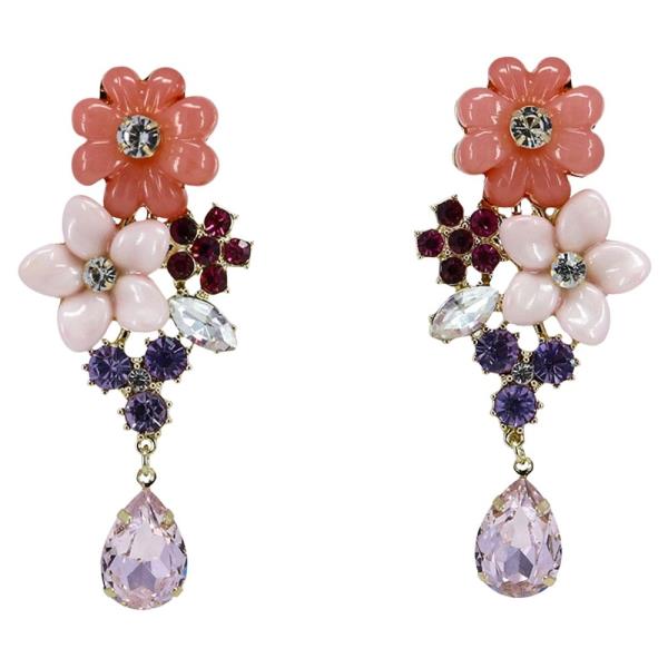 METAL FLOWER RHINESTONE CLUSTER CRYSTAL DROP STATEMENT EARRING