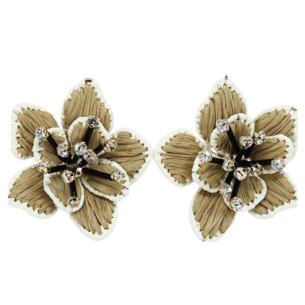 RAFFIA FLOWER RHINESTONE CLUSTER STATEMENT STUD EARRING