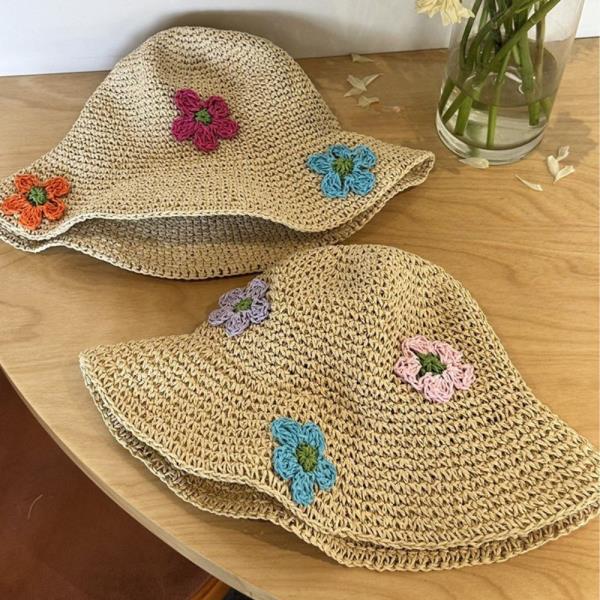 STRAW FLOWER EMBROIDERY WIDE BRIM BUCKET SUN HAT