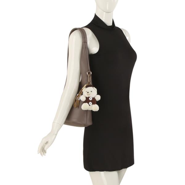 PLAIN TEXTURED SHOULDER HOBO BAG W DOLL KEYCHAIN