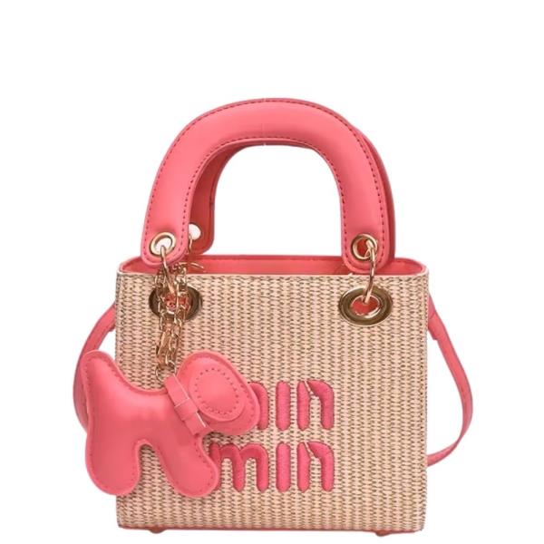 STRAW FAUX LEATHER ELEPHANT CHARM STRUCTURED TOP HANDLE BAG