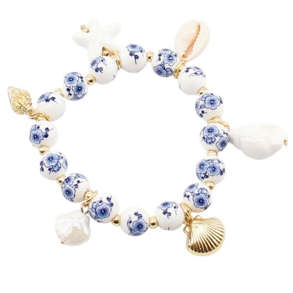 CERAMIC FLOWER PRINT SEALIFE STRETCH BRACELET