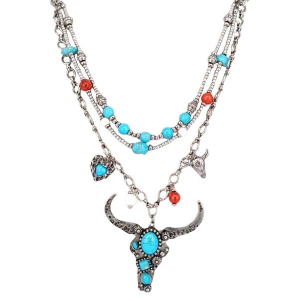 3 LAYERED METAL CHAIN WESTERN BULL SKULL PENDANT NECKLACE