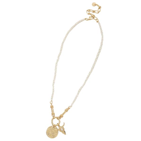 PEARL COIN COW SKULL CHARM NECKLACE