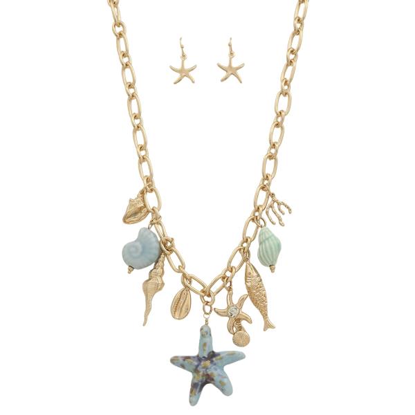 SEA LIFE CHARM PENDANT CHAIN LINK NECKLACE EARRING SET