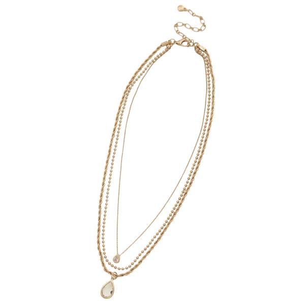 CRYSTAL TEARDROP PENDANT METAL BEAD CHAIN LAYERED NECKLACE