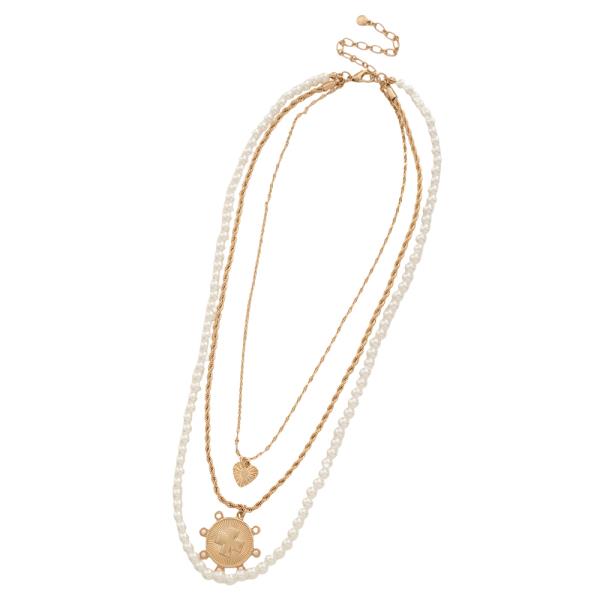 HEART ROUND CROSS PENDANT PEARL CHAIN LAYERED NECKLACE