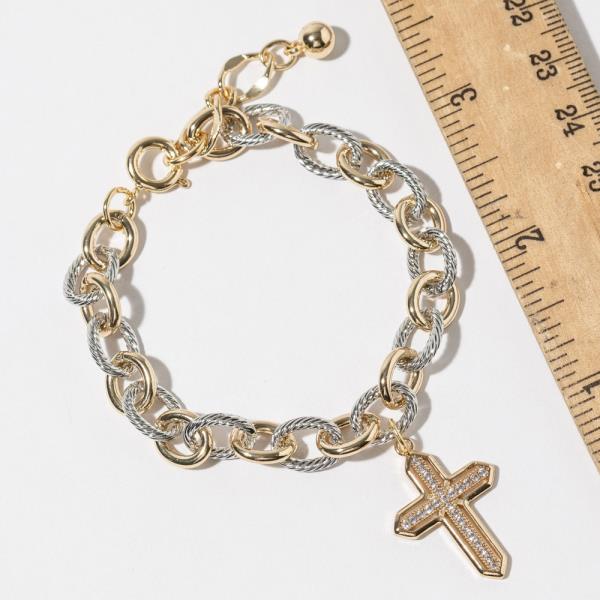 GOLD DIPPED CUBIC ZIRCONIA CHAIN LINK CROSS PENDANT BRACELET