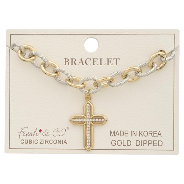 GOLD DIPPED CUBIC ZIRCONIA CHAIN LINK CROSS PENDANT BRACELET