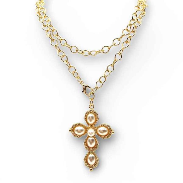 LAYERED GOLD PEARL CROSS NECKLACE