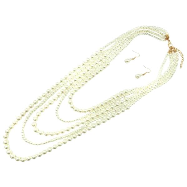 5 LAYRED PEARL STATEMENT NECKLACE EARRING SET