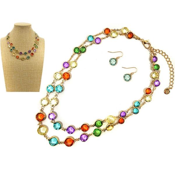 MULTI COLOR STONE LAYERED NECKLACE EARRING SET