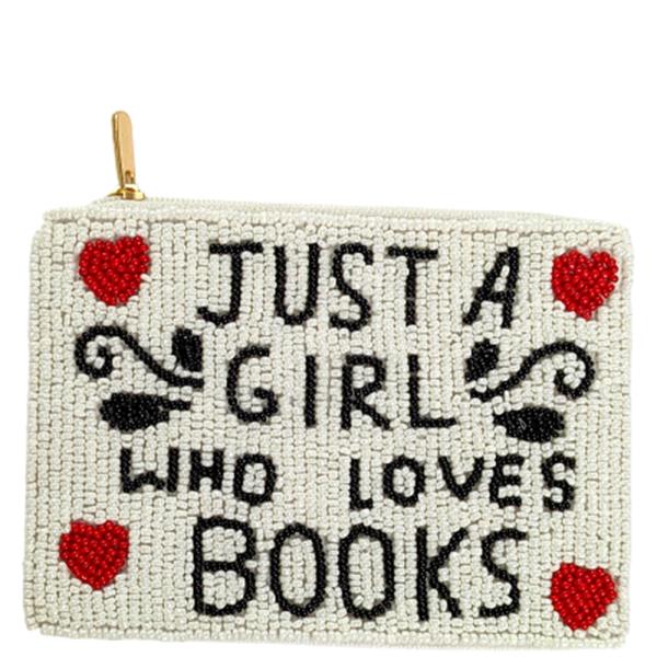 SEED BEAD JUST A GIRL WHO LOVES BOOKS COIN PURSE BAG