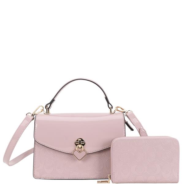 2IN1 OVAL TEXTURE HEART SATCHEL BAG W WALLET SET