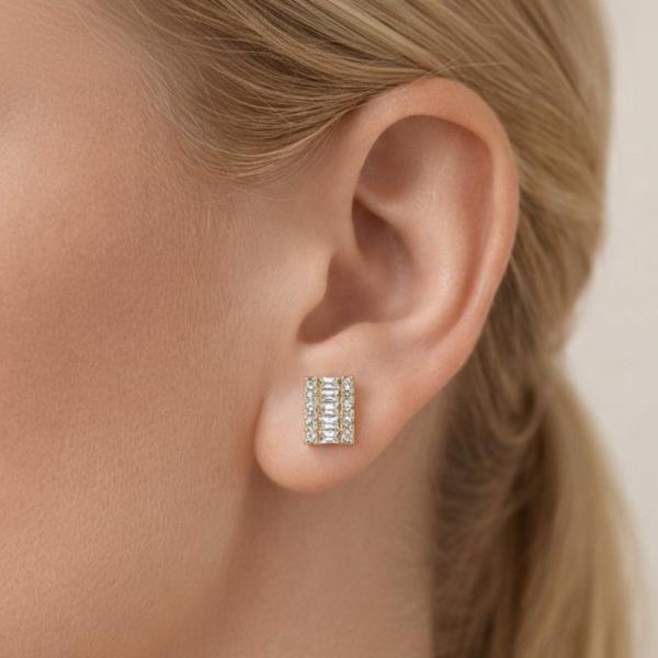 WATER RESISTANT 14K GOLD DIPPED BAGUETTE CLUSTER STUD EARRING CZ