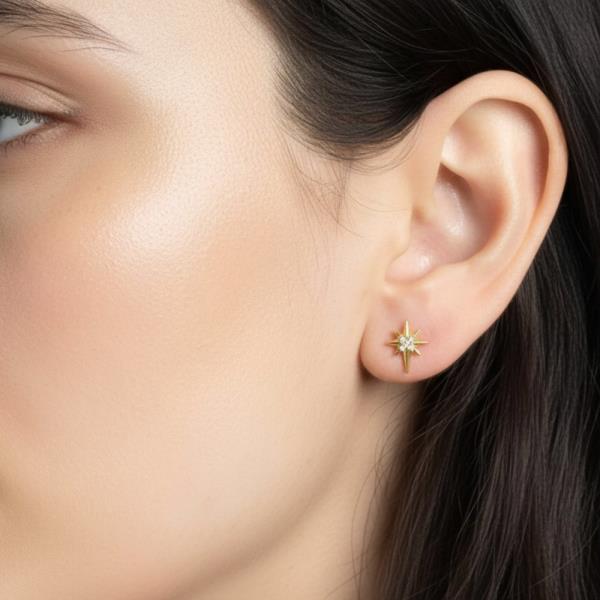 WATER RESISTANT 14K GOLD DIPPED CZ NORTH STAR STUD EARRING