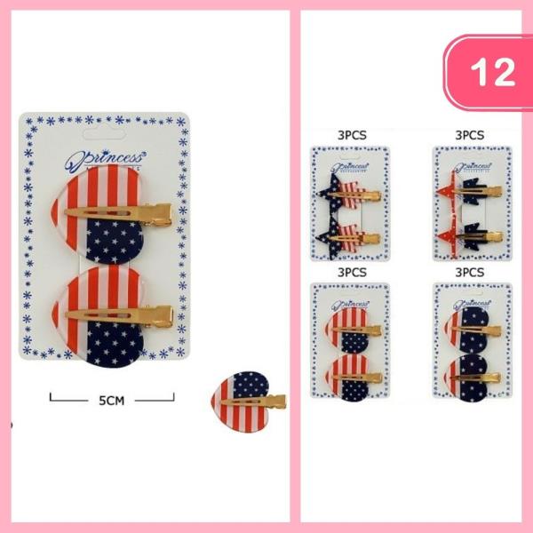 AMERICAN FLAG HEART STAR SHAPED HAIR CLIP (12 UNITS)