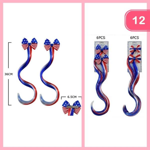 PATRIOTIC AMERICAN FLAG HAIR BOW CLIP WITH EXTENSION (12 UNITS)