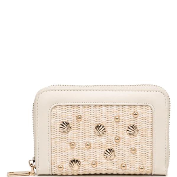 WOVEN TEXTURE W METALLIC SHELL STUDS TUCKER WALLET