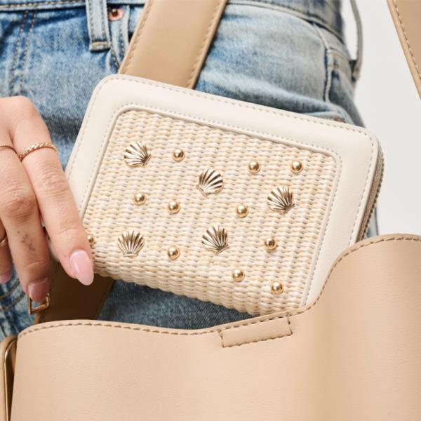 WOVEN TEXTURE W METALLIC SHELL STUDS TUCKER WALLET