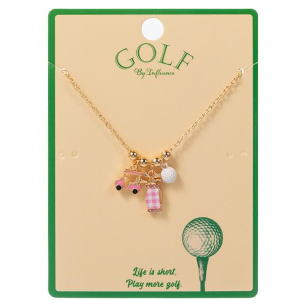 GOLF BALL, BAG AND CART MIXED CHARM  ENAMEL SHORT NECKLACE