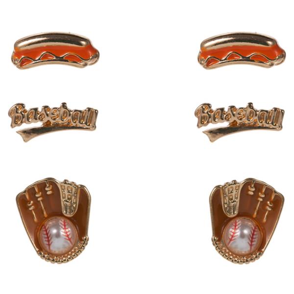 BASEBALL SIGN, GLOVES AND HOTDOG SHAPED 3 SET EARRING