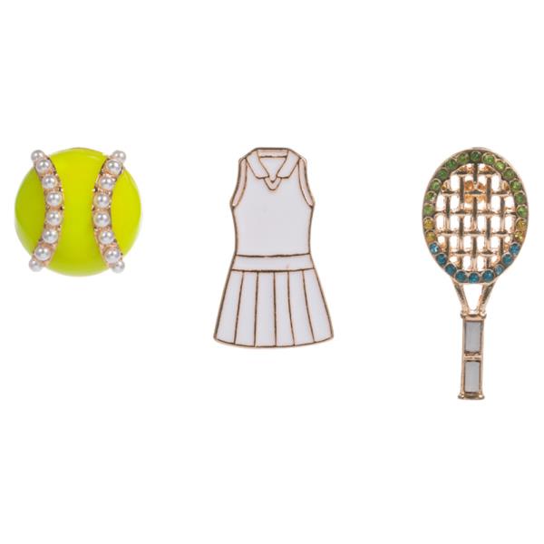 TENNIS BALL, RACKET  AND DRESS ENAMEL COLORED 3 SET BROOCH