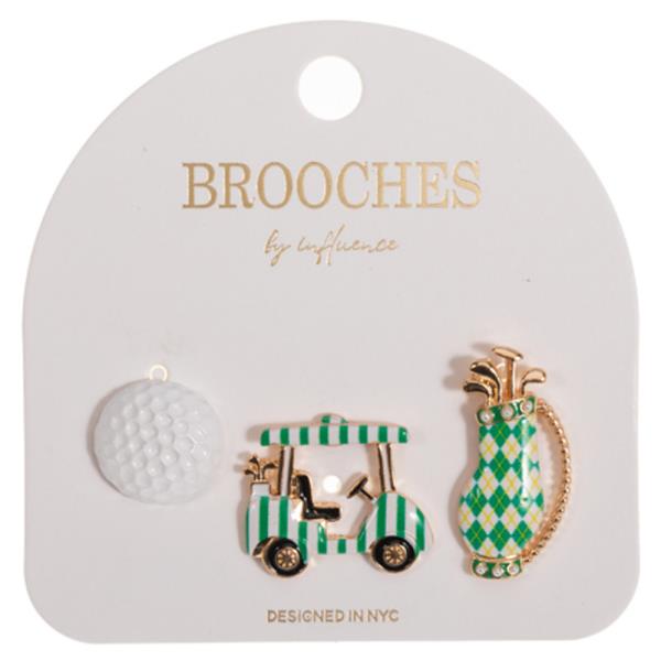 GOLF BALL, CART AND BAG WITH ENAMEL PRINTED 3 SET BROOCH