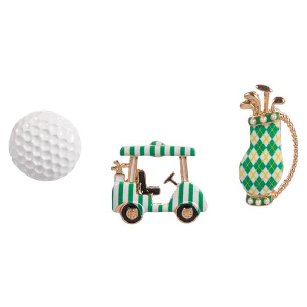 GOLF BALL, CART AND BAG WITH ENAMEL PRINTED 3 SET BROOCH