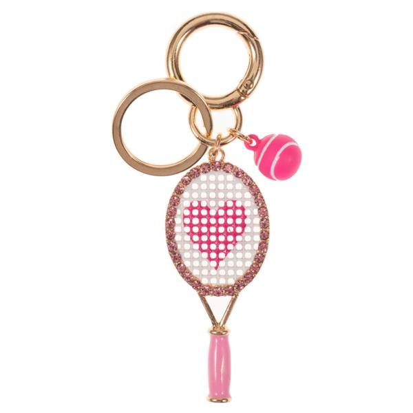 TENNIS RACKET SHAPED ENAMEL W/ RHINESTONES KEYCHAIN