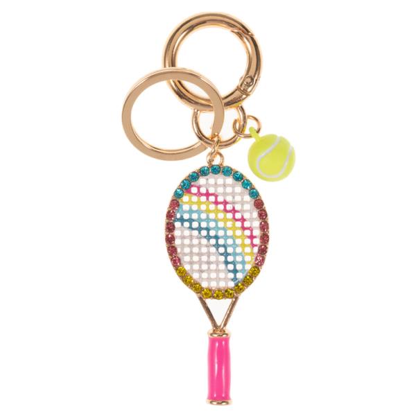 TENNIS RACKET SHAPED ENAMEL W/ RHINESTONES KEYCHAIN