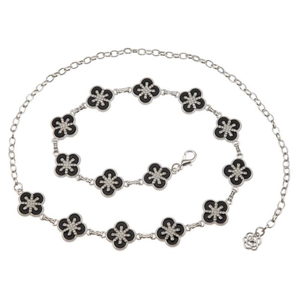 RHINESTONE METAL FLOWER LINK CHAIN BELT