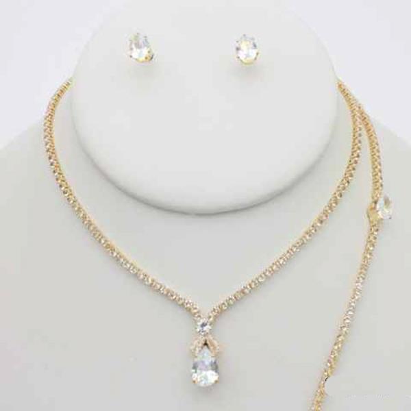 CZ DROP PENDANT LAYERED NECKLACE EARRING BRACELET SET