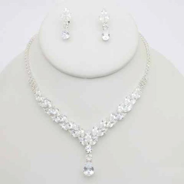 CZ DROP PENDANT V SHAPE NECKLACE EARRING SET