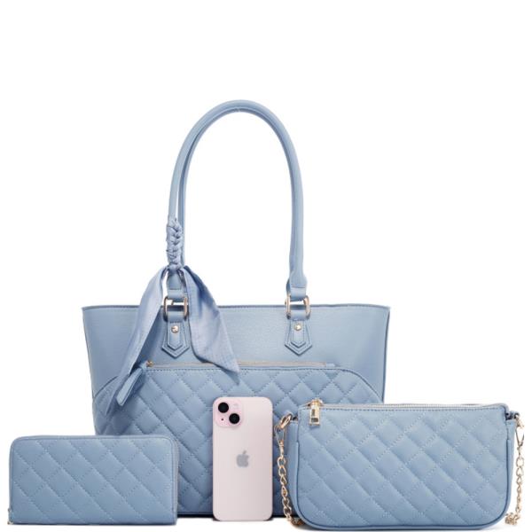 3 IN 1 FAUX LEATHER QUILTED TOTE & CROSSBODY BAG WALLET SET