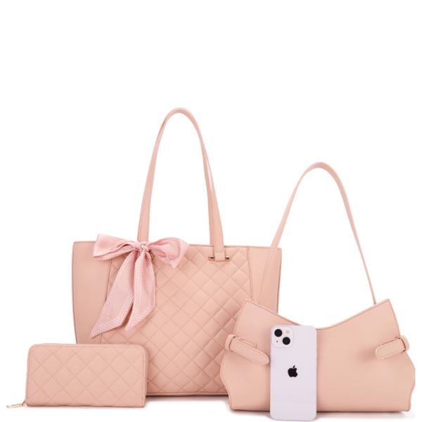 3 IN 1 FAUX LEATHER QUILTED SHOPPER & SHOULDER BAG WALLET SET