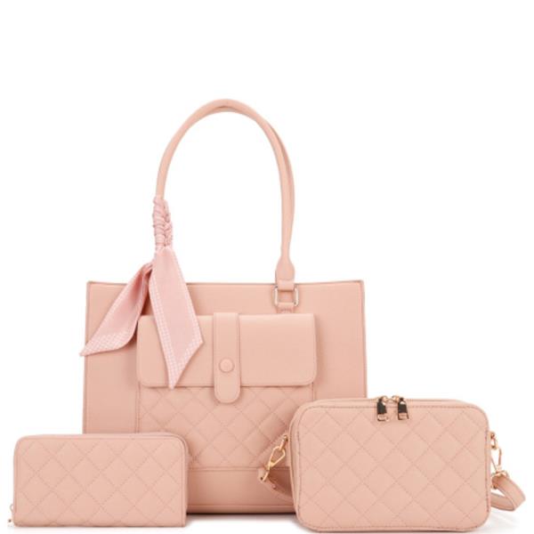 3 IN 1 FAUX LEATHER QUILTED TOTE BAG WALLET POUCH SET