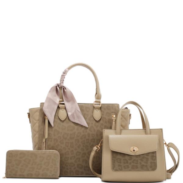 3 IN 1 LEOPARD SILKY RIBBON TOTE BAG WALLET SET